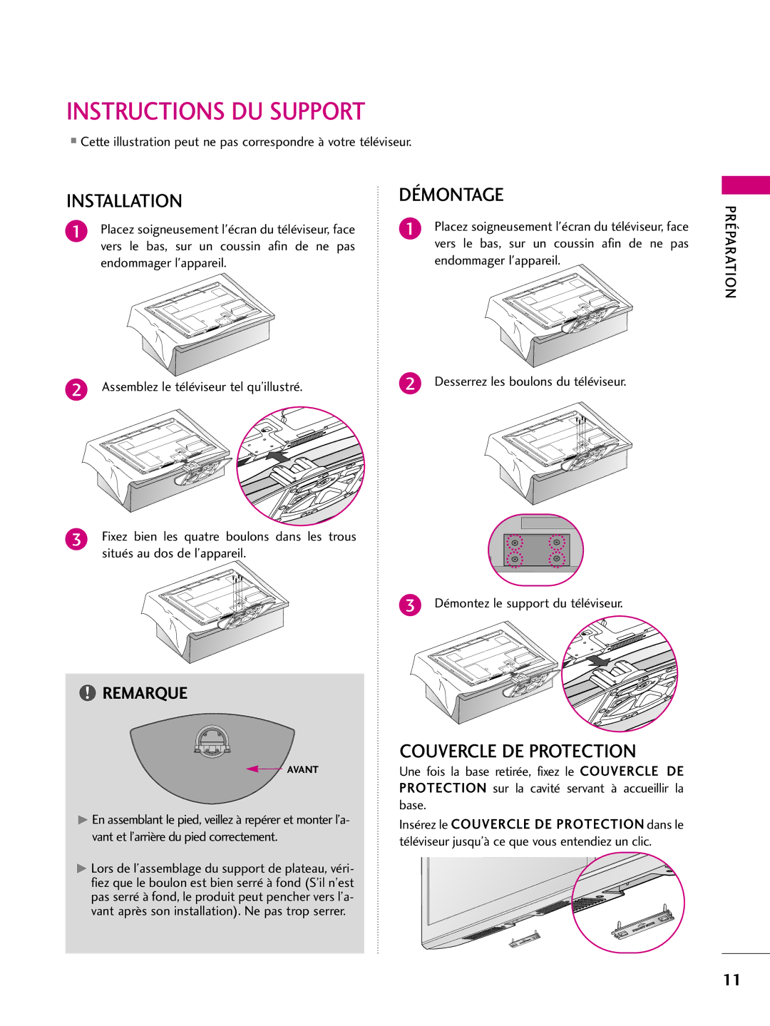 LG Electronics 42PQ10, 42PQ31, 42PQ30C, 50PQ30C, 50PQ31 Instructions DU Support, Vers le bas, sur un coussin afin de ne pas 