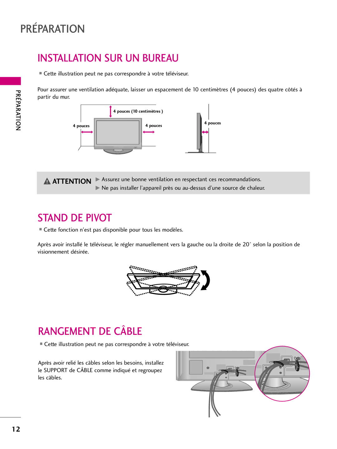 LG Electronics 42PQ31, 42PQ10, 42PQ30C, 50PQ30C, 50PQ31, 50PQ10 Installation SUR UN Bureau, Stand DE Pivot, Rangement DE Câble 