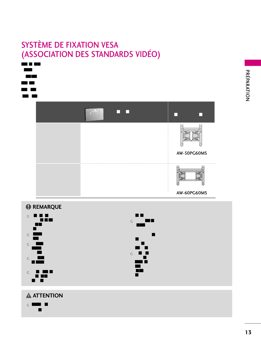 LG Electronics 42PQ30C, 42PQ10, 42PQ31, 50PQ30C, 50PQ31, 50PQ10, 50PS10, 50PS60C Support mural, Modèle Vis standard Quantité 