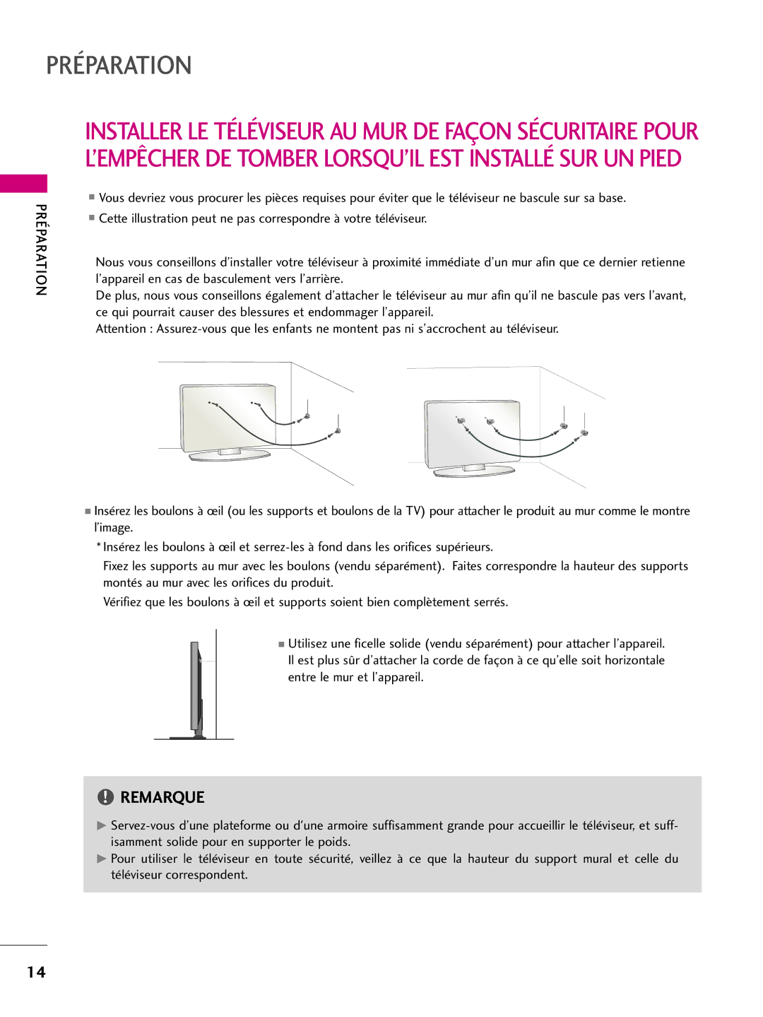 LG Electronics 50PQ30C, 42PQ10, 42PQ31, 42PQ30C, 50PQ31, 50PQ10, 50PS10, 50PS60C, 60PS10, 60PS60C owner manual Préparation 