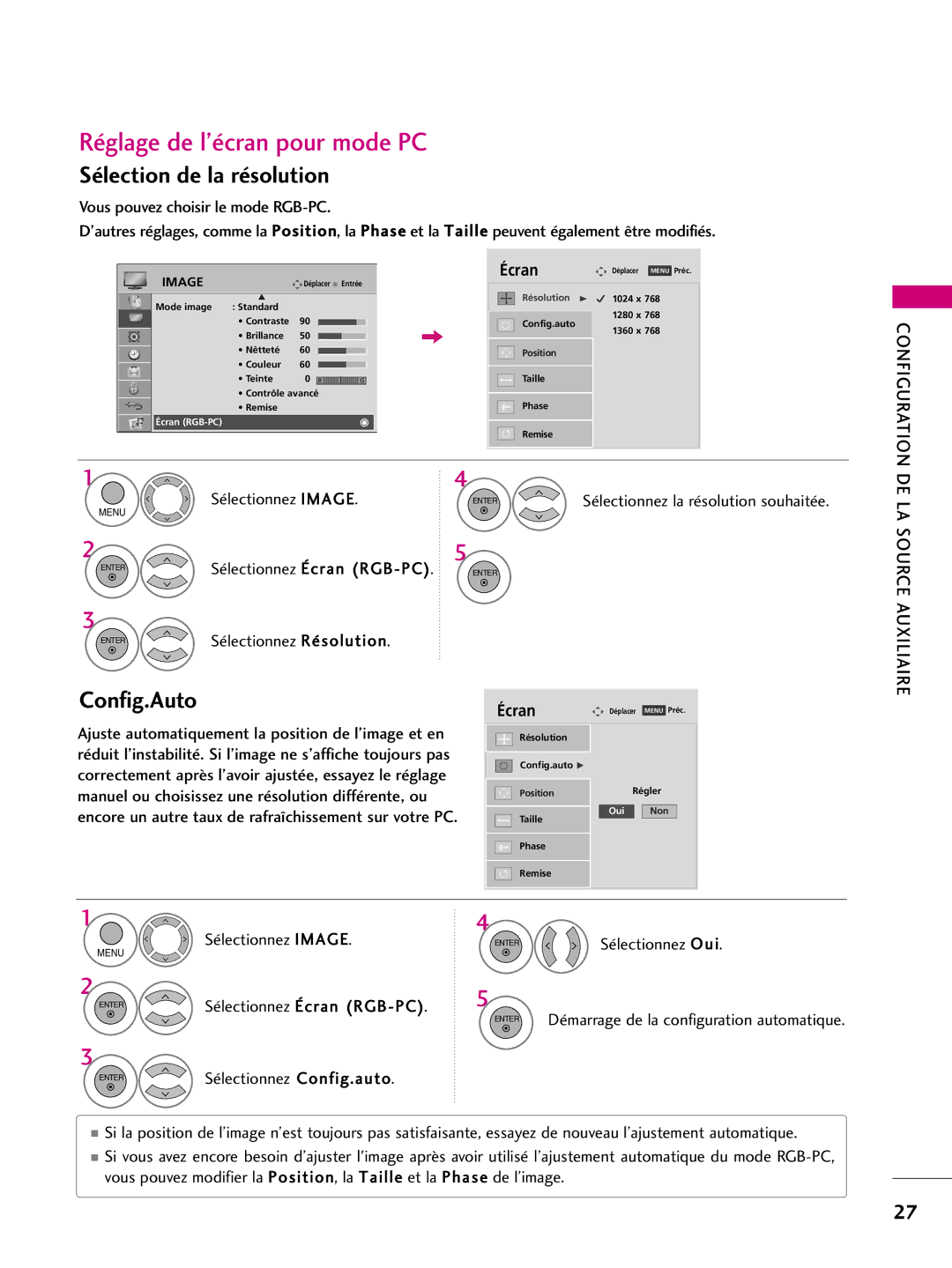 LG Electronics 50PS10, 42PQ10 Réglage de l’écran pour mode PC, Sélection de la résolution, Config.Auto, Configuration 