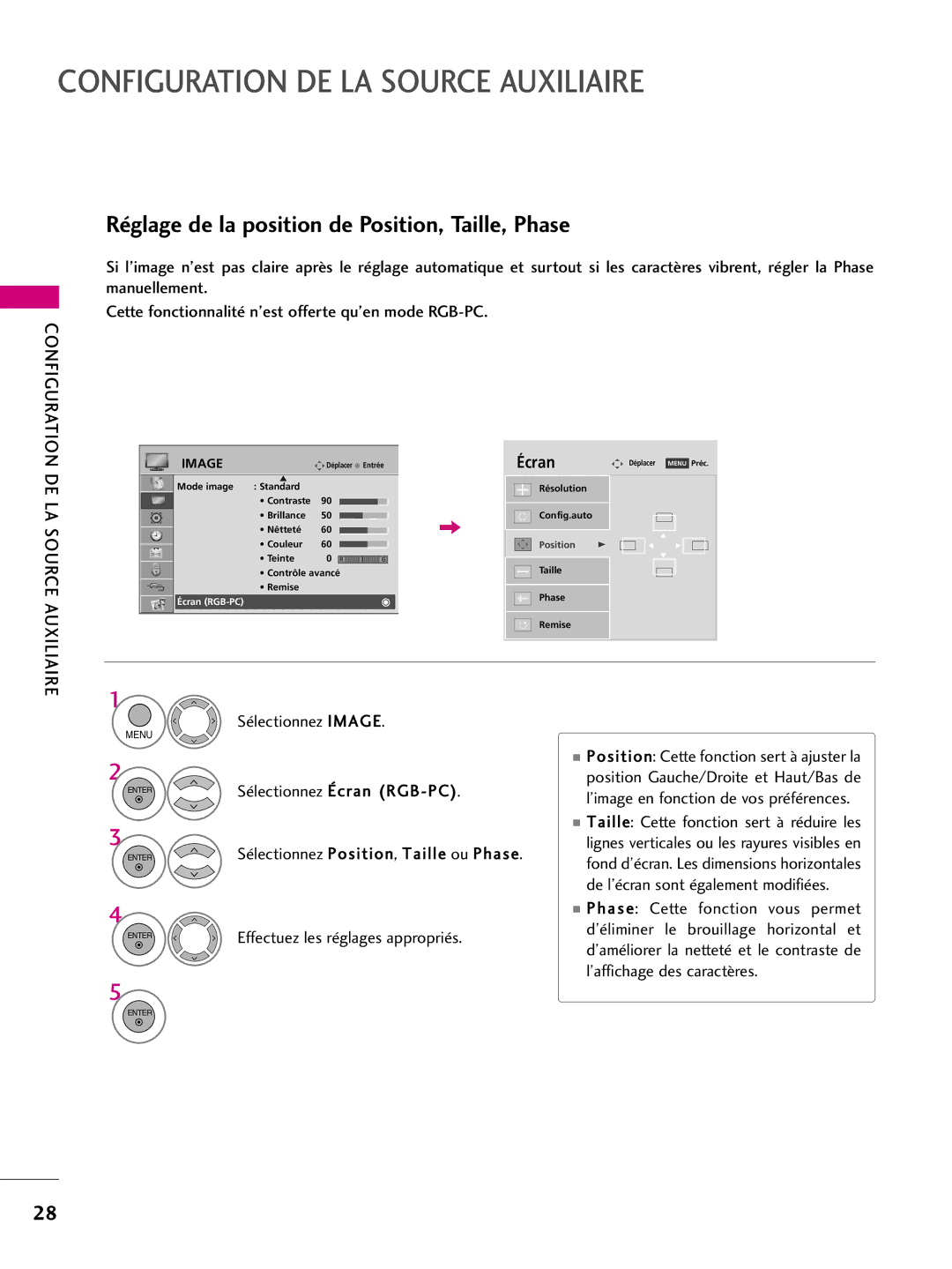 LG Electronics 50PS60C, 42PQ10, 42PQ31, 42PQ30C, 50PQ30C, 50PQ31 Réglage de la position de Position, Taille, Phase, Image 