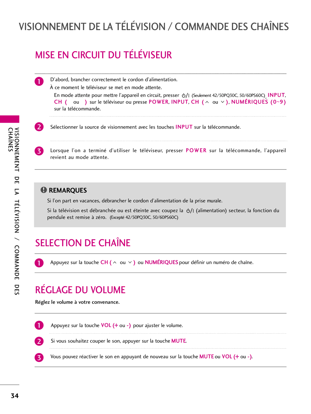 LG Electronics 50PQ30C, 42PQ10, 42PQ31, 42PQ30C, 50PQ31 Mise EN Circuit DU Téléviseur, Selection DE Chaîne, Réglage DU Volume 