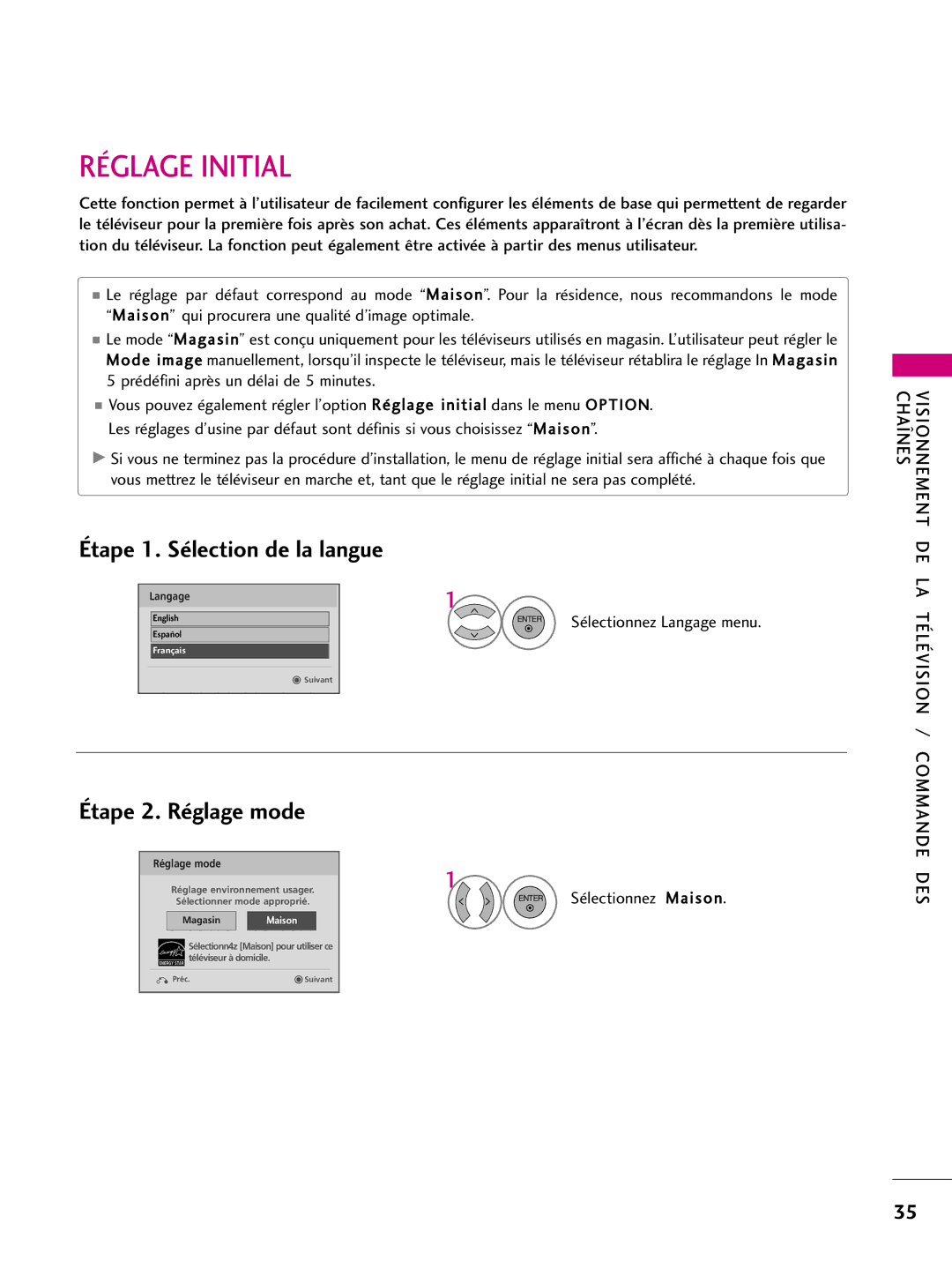 LG Electronics 50PQ31 Réglage Initial, Étape 1. Sélection de la langue, Visionnement DE LA Télévision / Chaînes, Français 