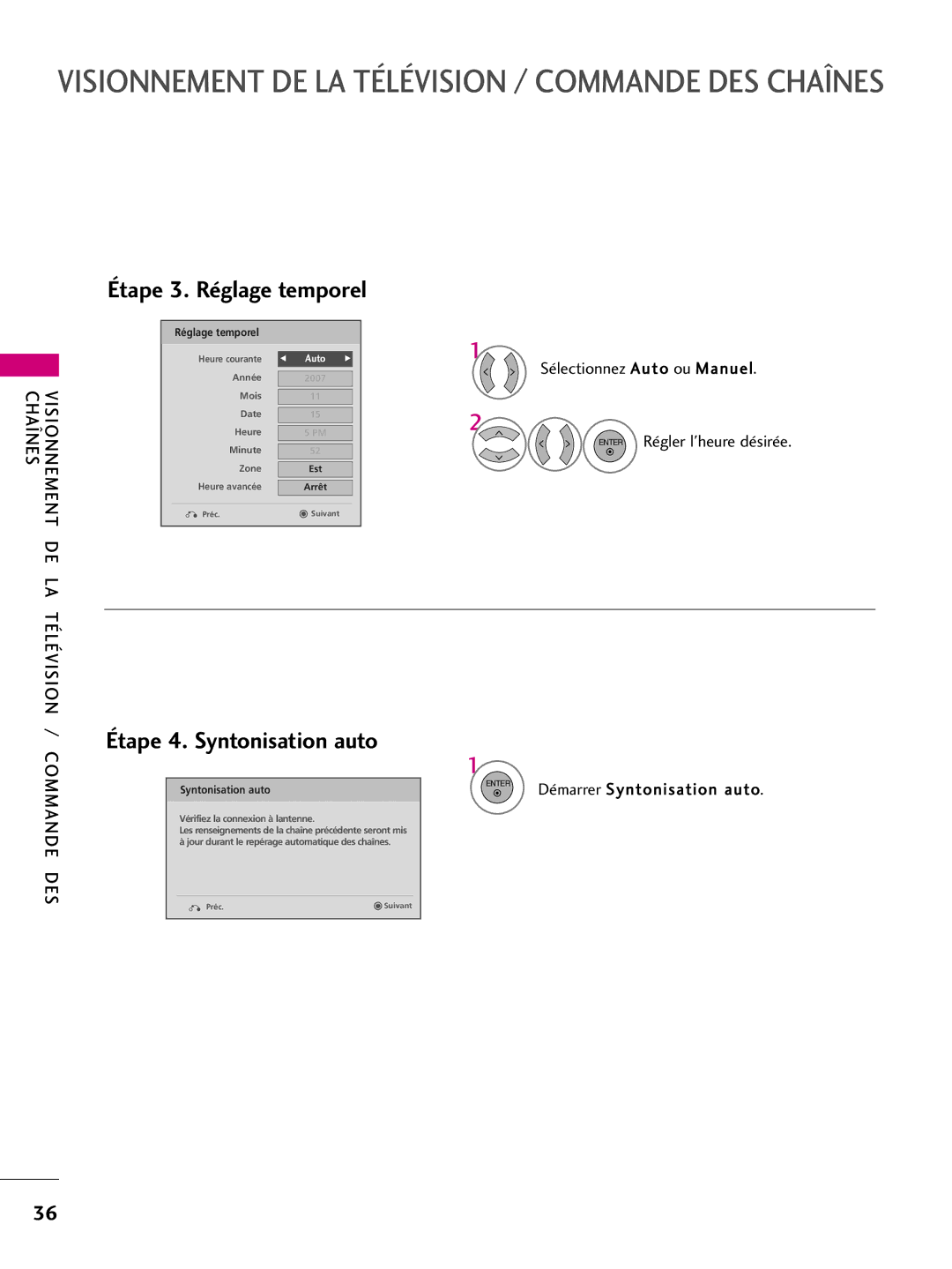 LG Electronics 50PQ10, 42PQ10, 42PQ31 Sélectionnez Auto ou Manuel Enter Régler lheure désirée, Démarrer Syntonisation auto 