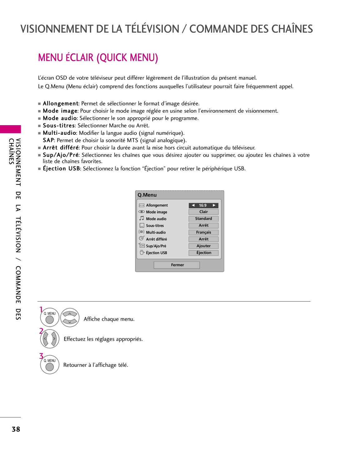 LG Electronics 50PS60C, 42PQ10, 42PQ31, 50PQ31 Menu Éclair Quick Menu, Affiche chaque menu Effectuez les réglages appropriés 