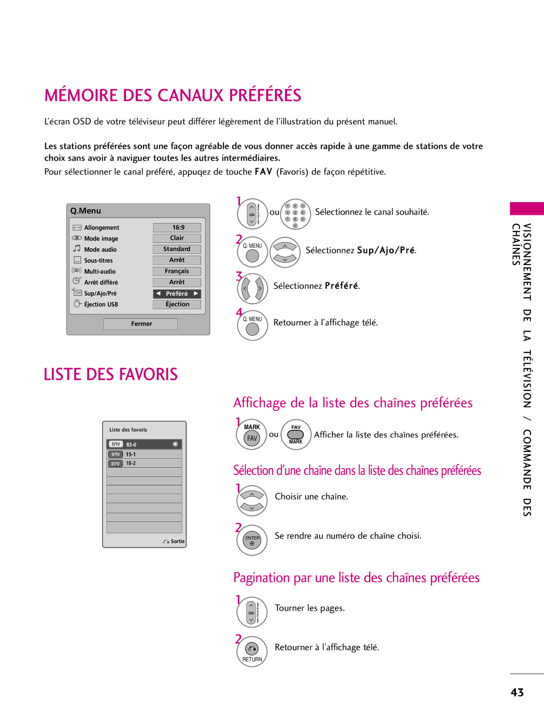 LG Electronics 42PQ30C, 42PQ10 Mémoire DES Canaux Préférés, Liste DES Favoris, Affichage de la liste des chaînes préférées 