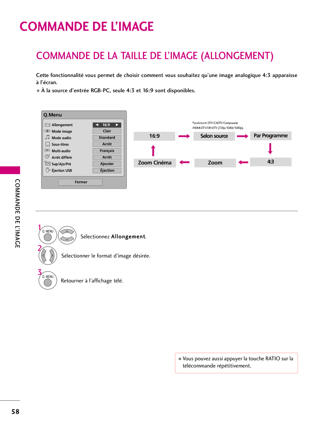 LG Electronics 50PS60C, 42PQ10, 42PQ31, 42PQ30C, 50PQ30C, 50PQ31, 50PQ10, 50PS10, 60PS10, 60PS60C owner manual Commande DE L’IMAGE 