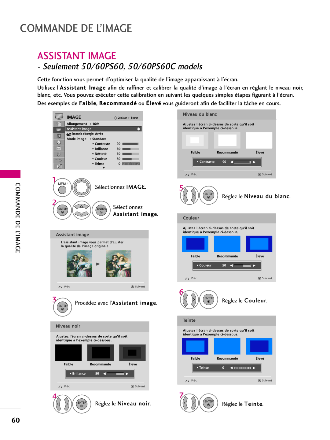 LG Electronics 60PS60C, 42PQ10, 42PQ31, 50PQ31 Commande DE L’IMAGE, Assistant Image, Réglez le Niveau noir, Réglez le Teinte 