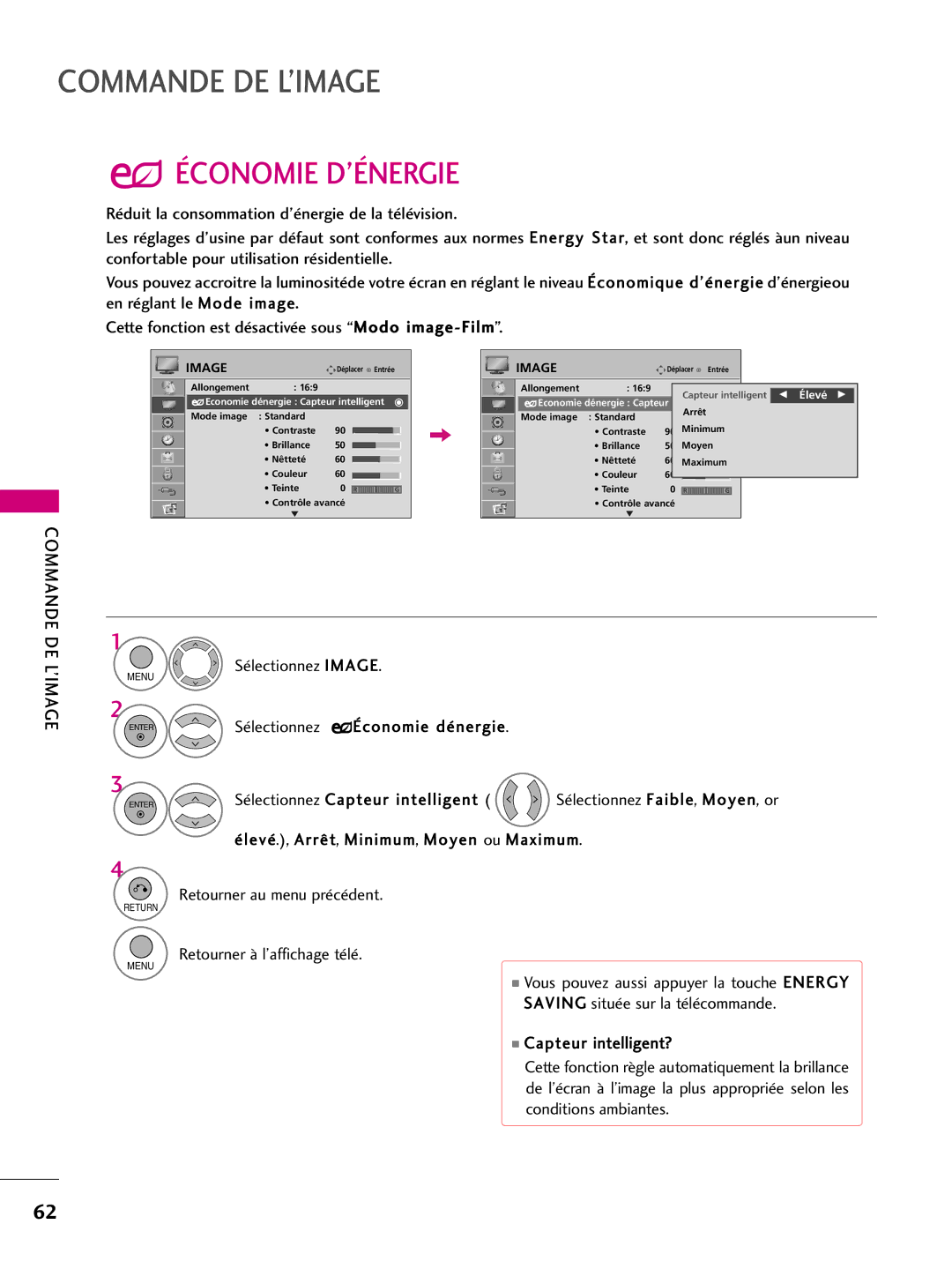 LG Electronics 42PQ31, 42PQ10, 42PQ30C, 50PQ30C Économie D’ÉNERGIE, Sélectionnez Image, Sélectionnez Économie dénergie 