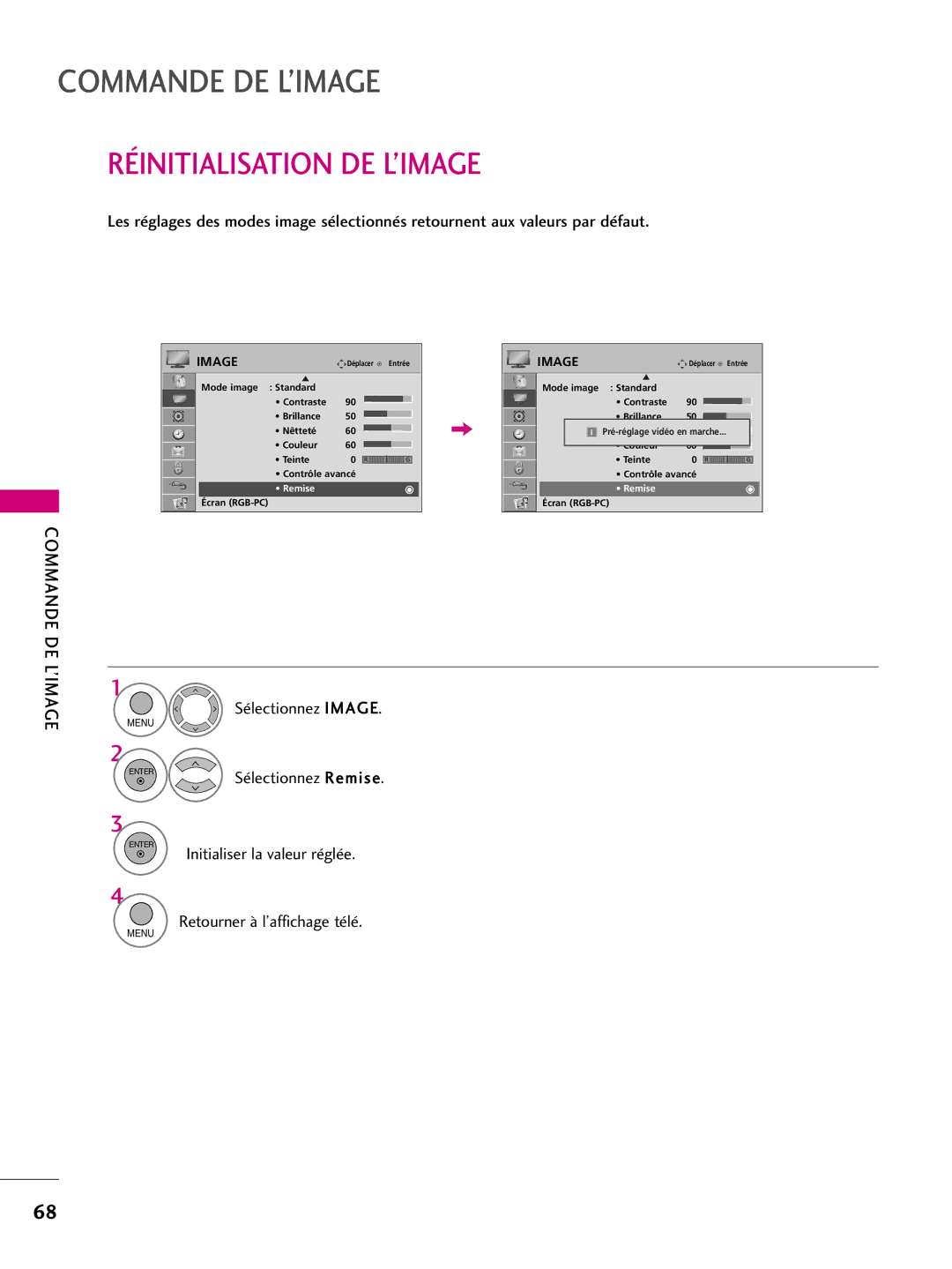 LG Electronics 50PS60C Réinitialisation DE L’IMAGE, Initialiser la valeur réglée Retourner à l’affichage télé, Remise 