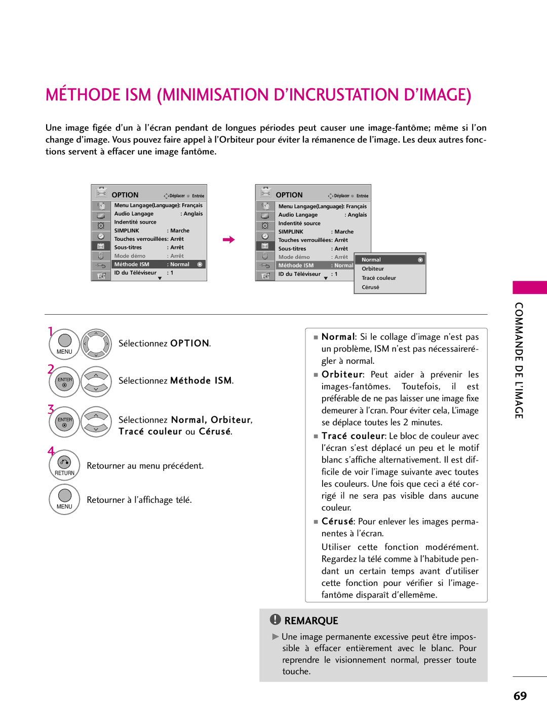 LG Electronics 60PS10, 42PQ10, 42PQ31 Sélectionnez Méthode, Ism, Cérusé Pour enlever les images perma- nentes à l’écran 