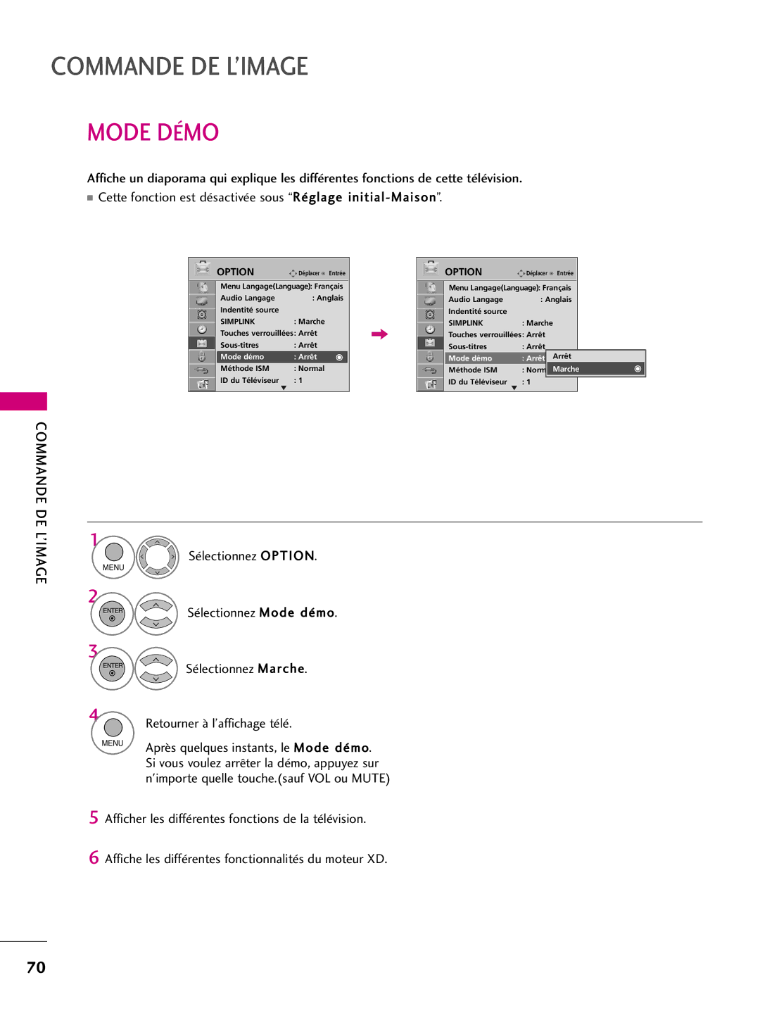 LG Electronics 60PS60C, 42PQ10, 42PQ31, 42PQ30C, 50PQ30C, 50PQ31, 50PQ10, 50PS10, 50PS60C, 60PS10 Mode Démo, Mode démo Arrêt 