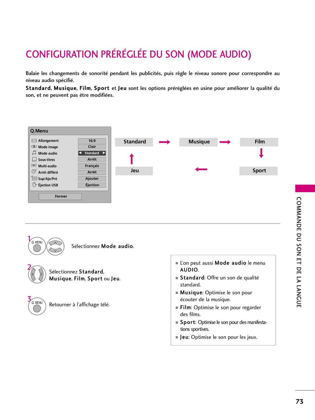 LG Electronics 42PQ30C, 42PQ10, 42PQ31, 50PQ30C, 50PQ31 Configuration Préréglée DU SON Mode Audio, Son Et De La, Langue 