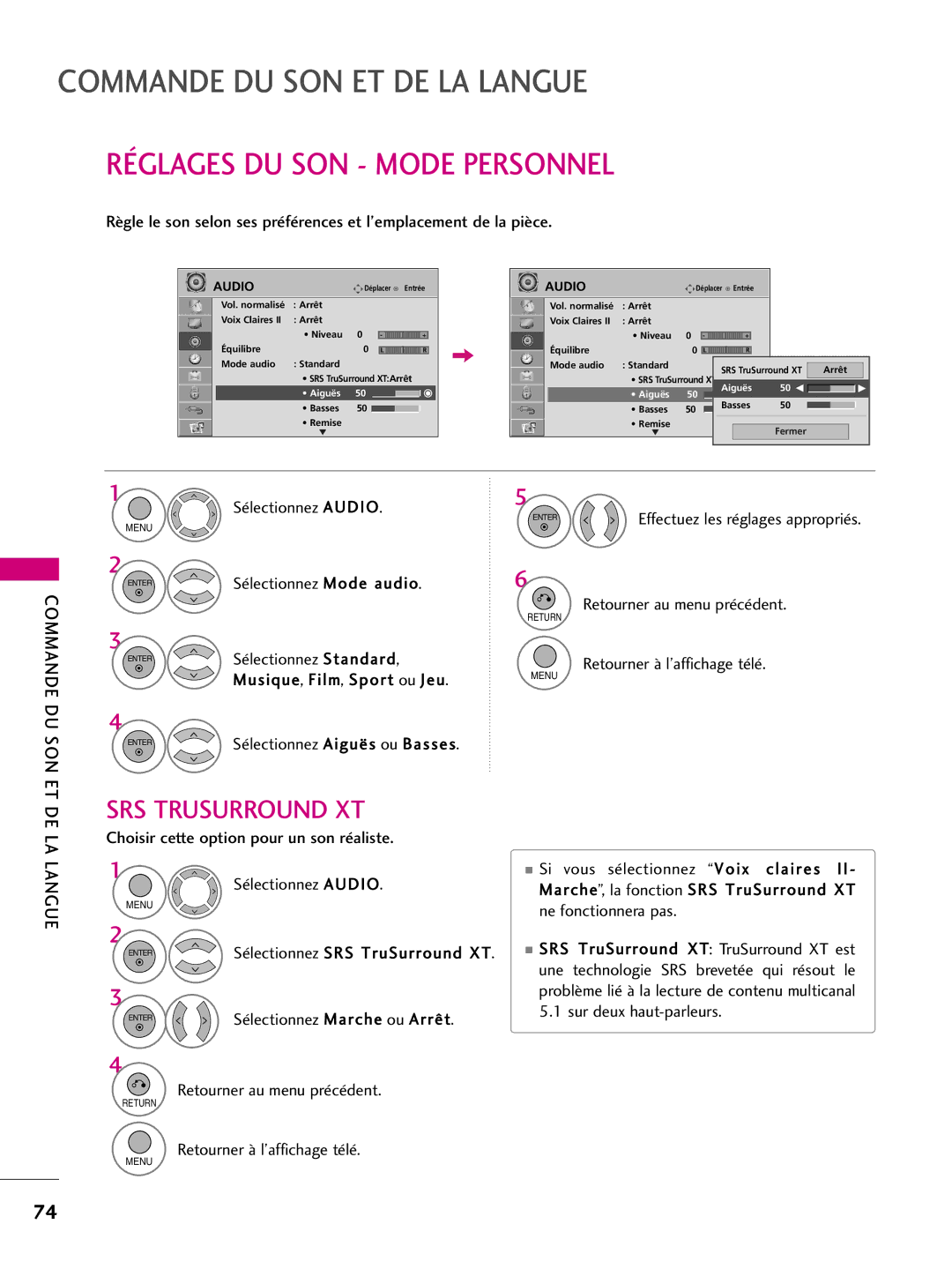 LG Electronics 50PQ30C, 42PQ10, 42PQ31, 42PQ30C, 50PQ31, 50PQ10, 50PS10 Réglages DU SON Mode Personnel, Commande DU SON ET 