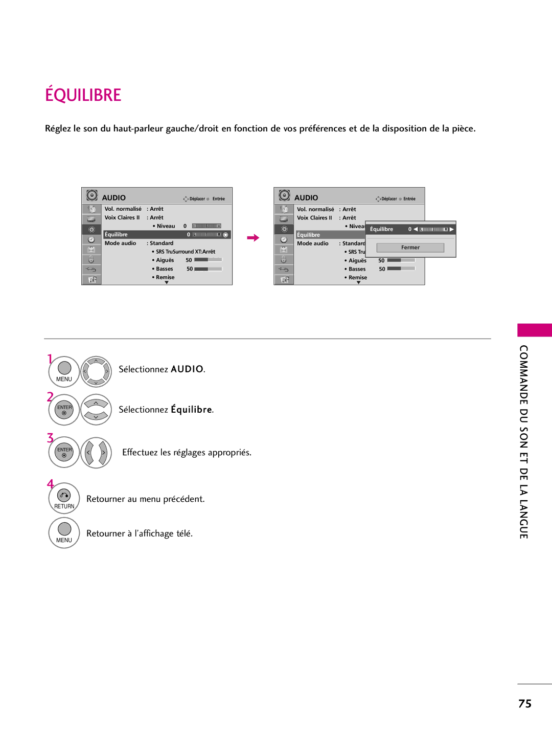 LG Electronics 50PQ31, 42PQ10, 42PQ31, 42PQ30C, 50PQ30C, 50PQ10, 50PS10, 50PS60C, 60PS10, 60PS60C owner manual Équilibre 