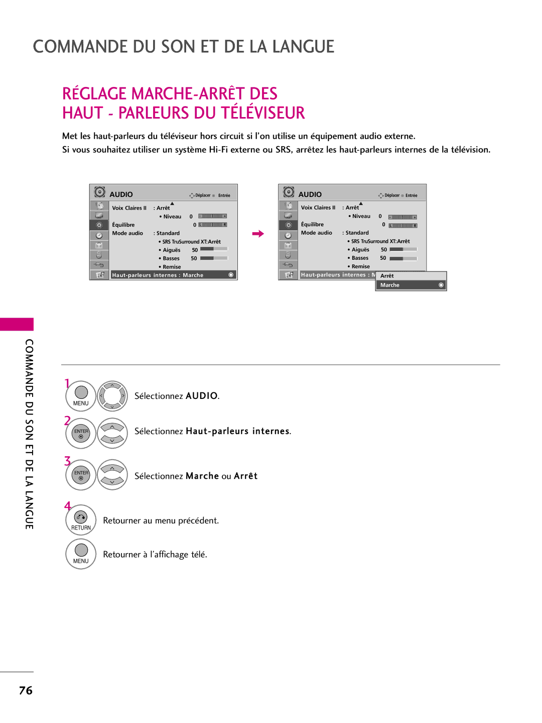 LG Electronics 50PQ10, 42PQ10, 42PQ31 Réglage MARCHE-ARRÊT DES Haut Parleurs DU Téléviseur, Haut-parleurs internes Marche 