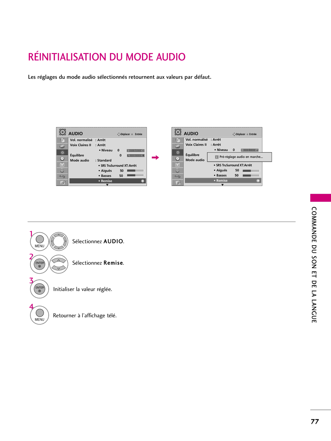 LG Electronics 50PS10, 42PQ10, 42PQ31, 42PQ30C, 50PQ30C, 50PQ31, 50PQ10, 50PS60C, 60PS10 Réinitialisation DU Mode Audio, Remise 