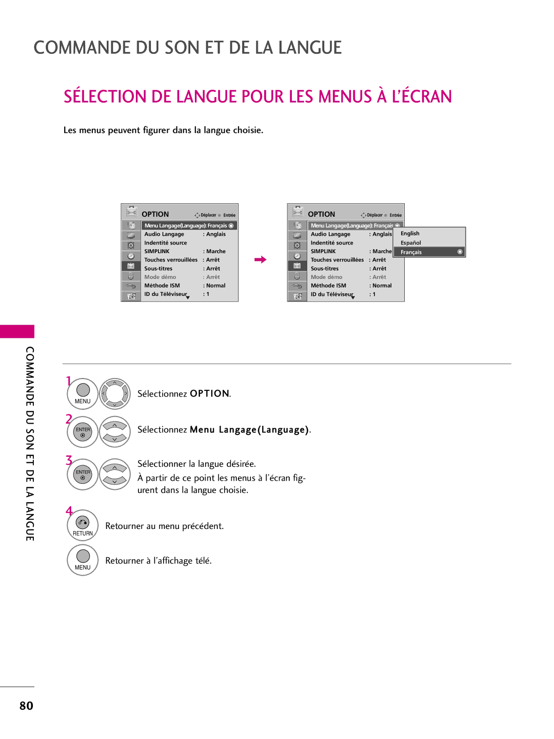 LG Electronics 60PS60C, 42PQ10, 42PQ31, 42PQ30C Les menus peuvent figurer dans la langue choisie, Commande DU SON ET DE LA 