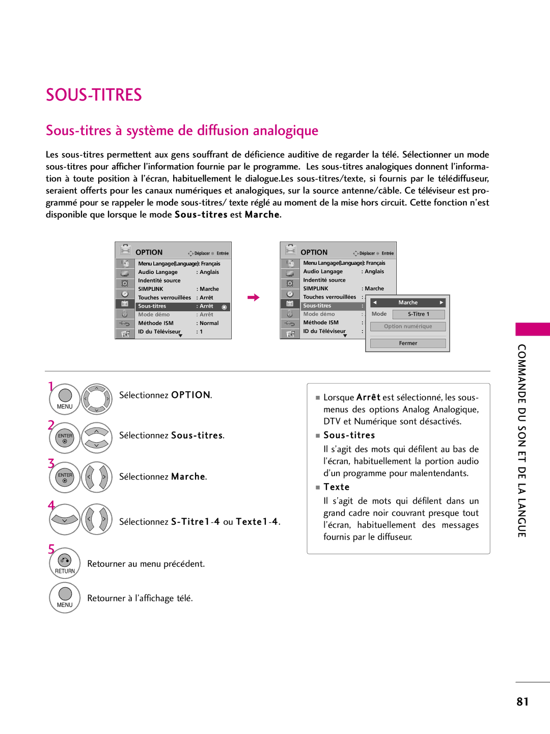 LG Electronics 42PQ10, 42PQ31, 42PQ30C Sous-Titres, Sous-titres à système de diffusion analogique, DU SON ET DE LA Langue 