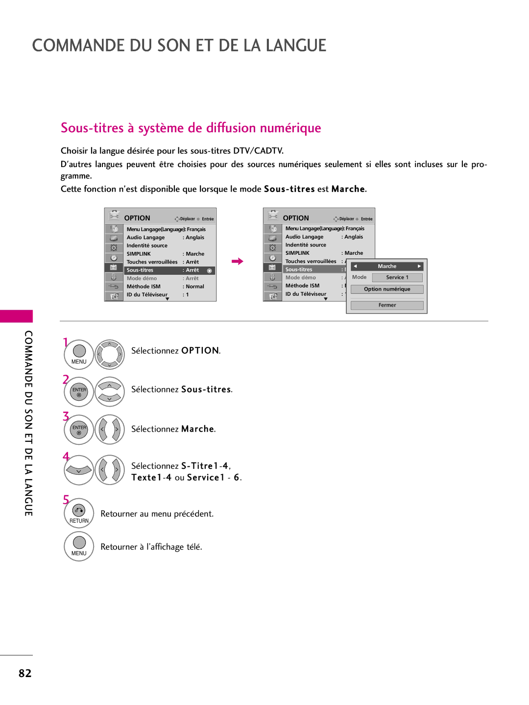 LG Electronics 42PQ31, 42PQ10, 42PQ30C, 50PQ31 Sous-titres à système de diffusion numérique, Commande DU SON ET DE LA Langue 