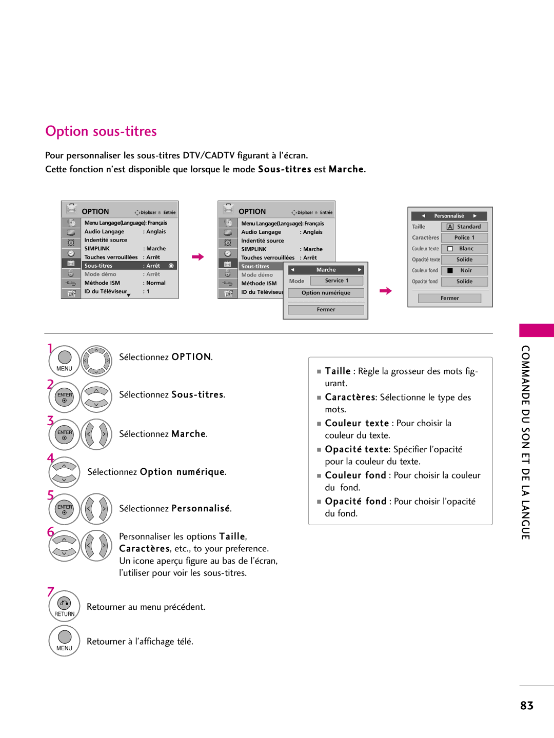 LG Electronics 42PQ30C, 42PQ10, 42PQ31, 50PQ30C, 50PQ31, 50PQ10, 50PS10, 50PS60C, 60PS10 Option sous-titres, Personnalisé G 