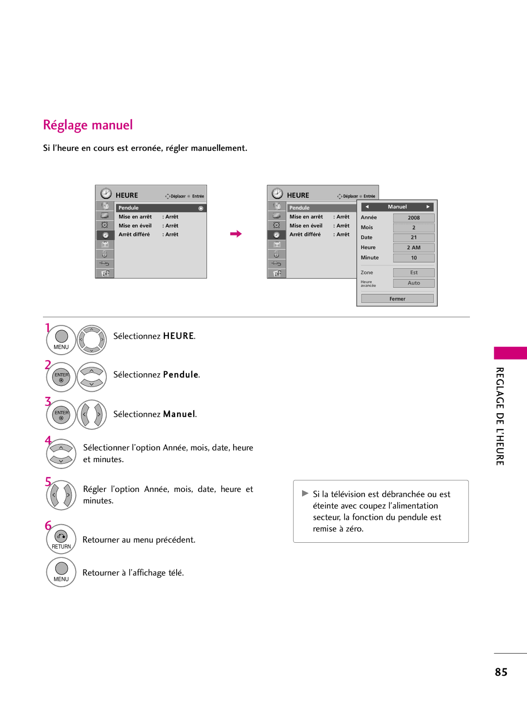 LG Electronics 50PQ31, 42PQ10, 42PQ31, 42PQ30C Réglage manuel, Si l’heure en cours est erronée, régler manuellement, Manuel 