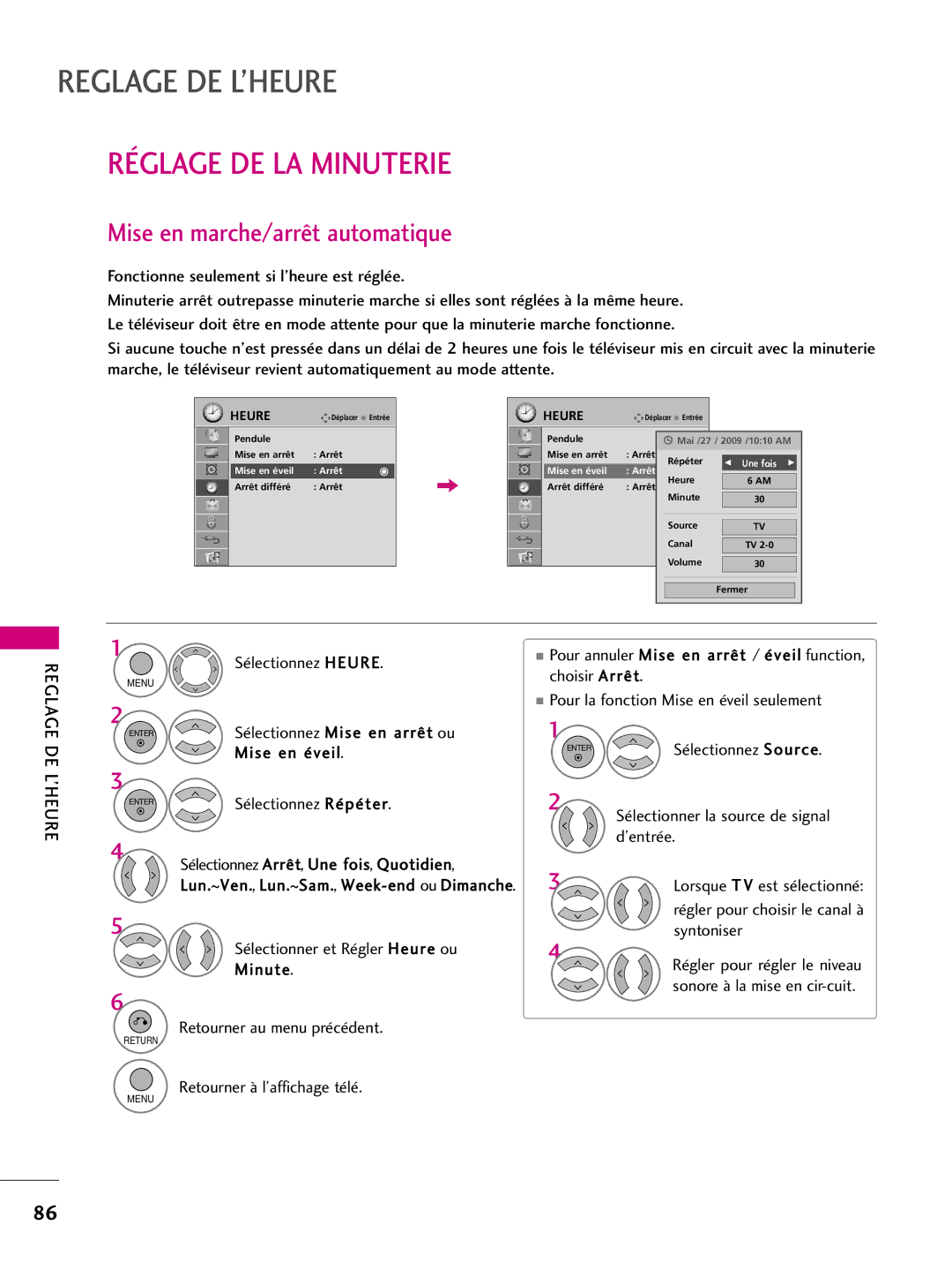 LG Electronics 50PQ10, 42PQ10 Reglage DE L’HEURE, Réglage DE LA Minuterie, Mise en marche/arrêt automatique, De L’Heure 