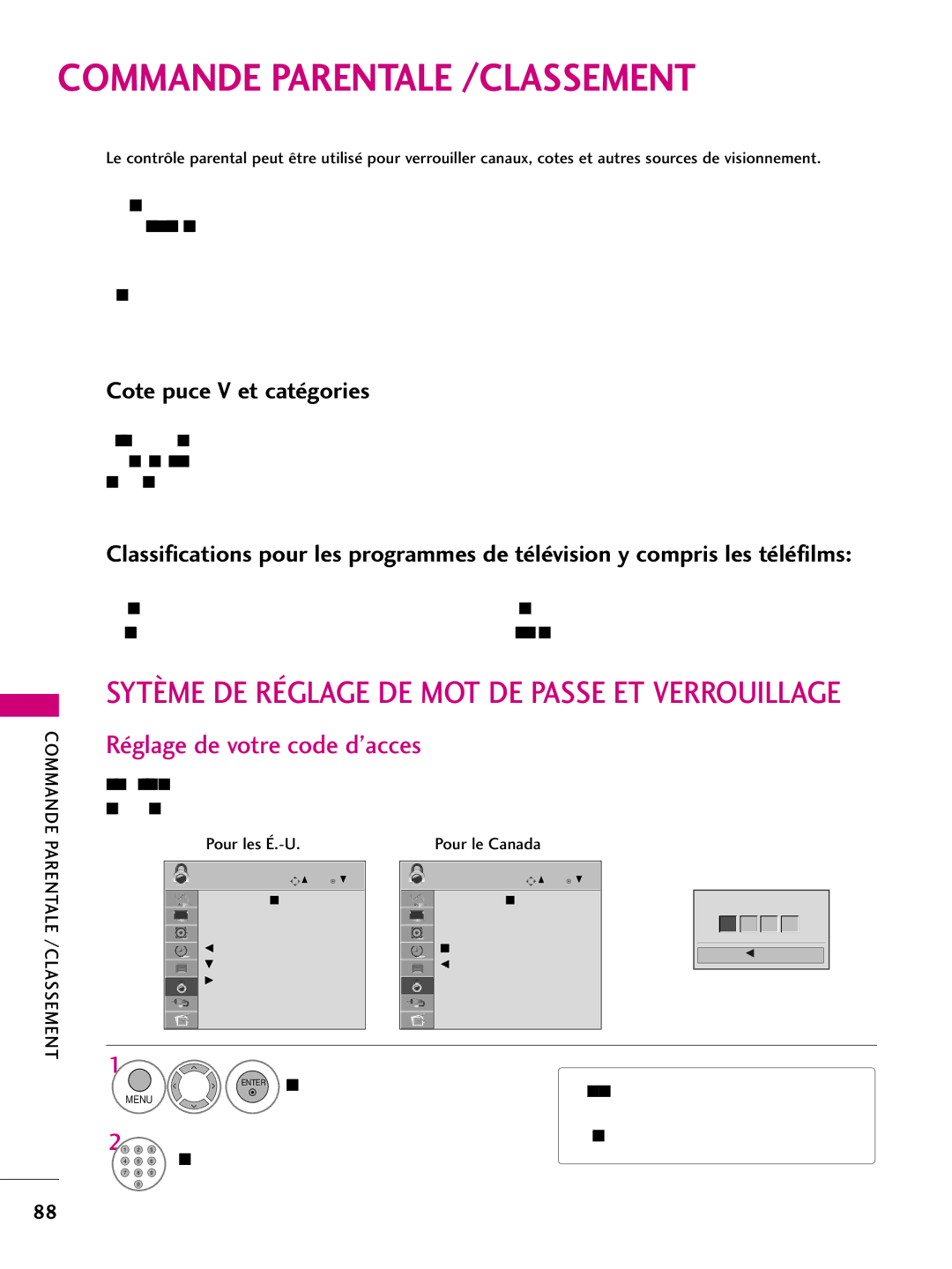 LG Electronics 50PS60C, 42PQ10 Commande Parentale /CLASSEMENT, Réglage de votre code d’acces, Cote puce V et catégories 