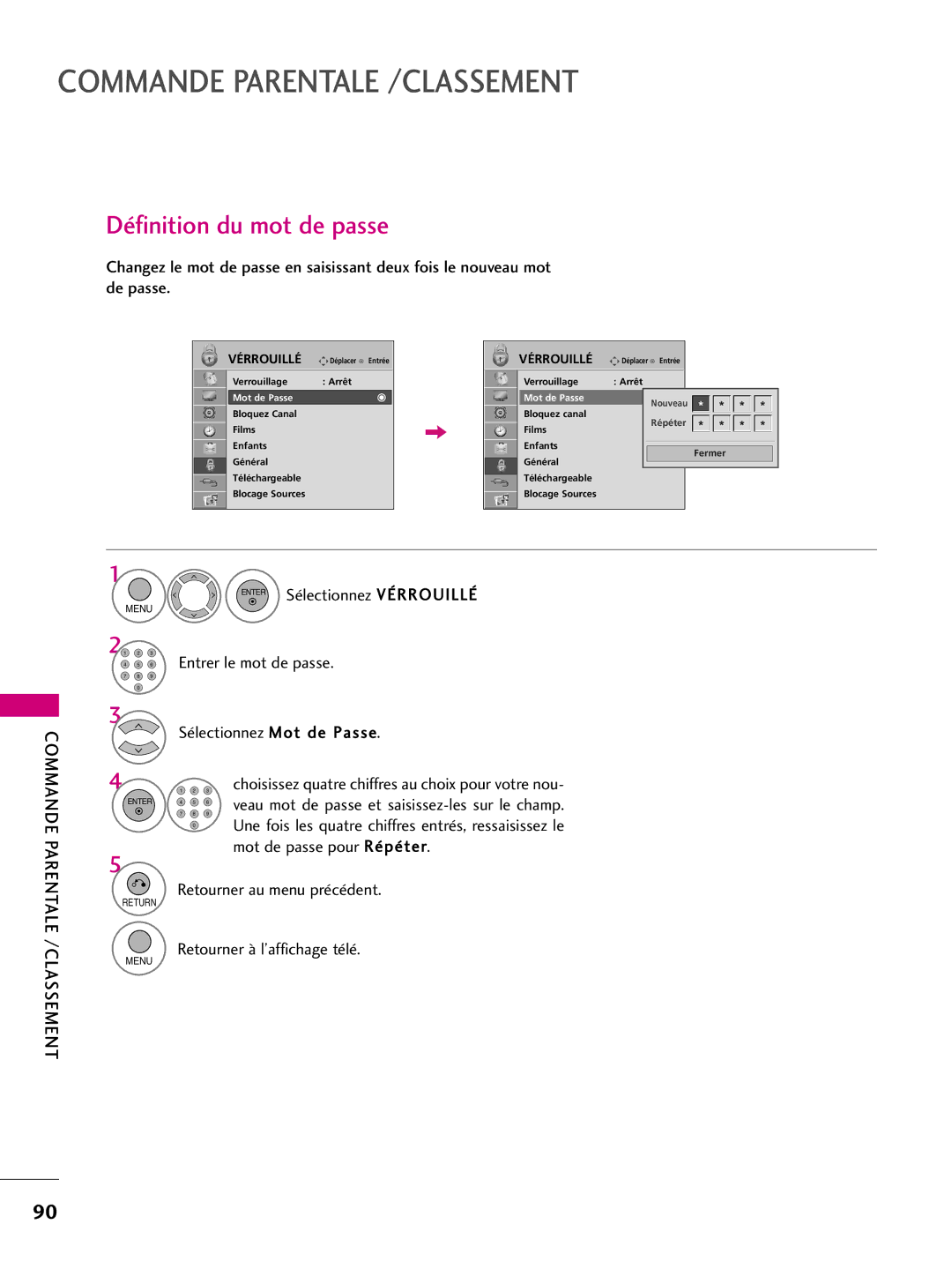 LG Electronics 60PS60C, 42PQ10 Commande Parentale /CLASSEMENT, Définition du mot de passe, Sélectionnez Mot de Passe 