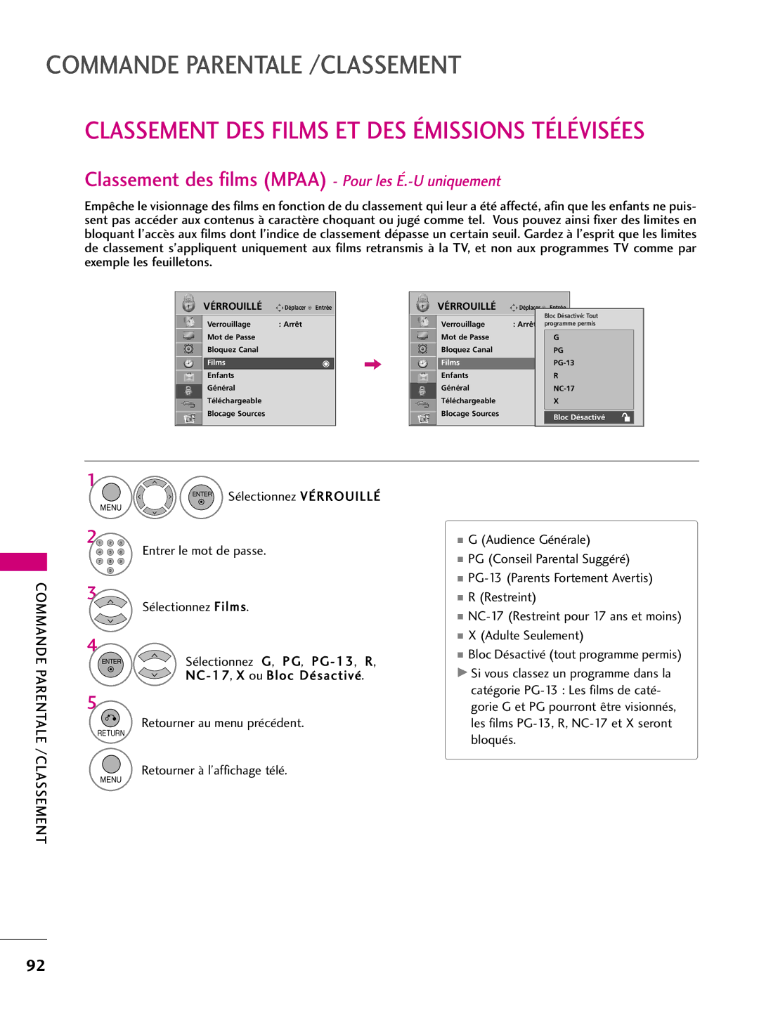 LG Electronics 42PQ31, 42PQ10, 42PQ30C Classement des films Mpaa Pour les É.-U uniquement, Parentale /CLASSEMENT, Films 