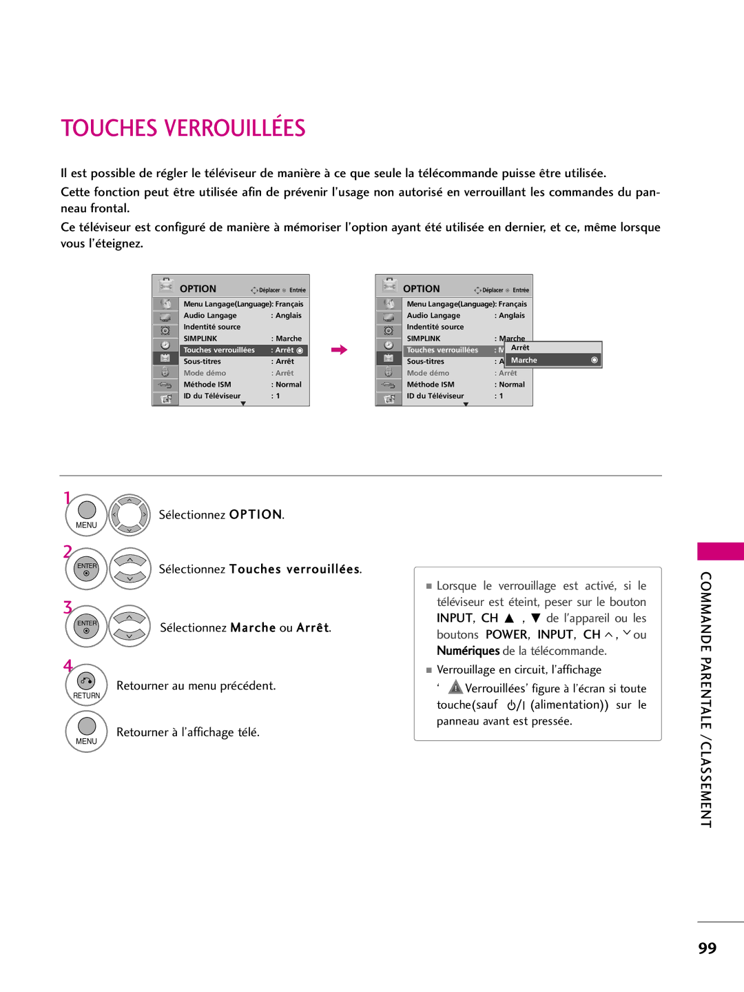 LG Electronics 60PS10 Touches Verrouillées, Touchesauf alimentation sur le panneau avant est pressée, Touches verrouillées 