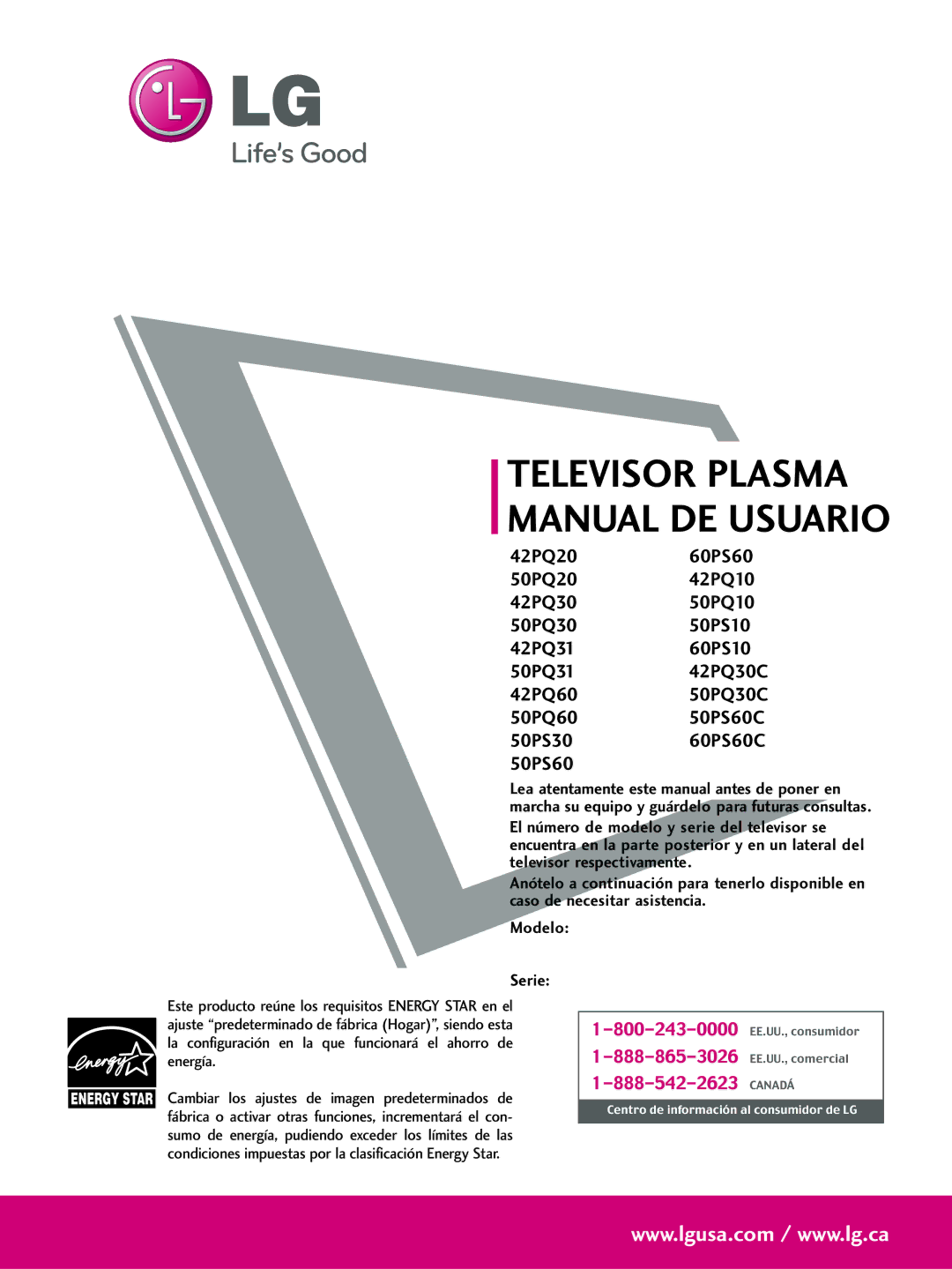 LG Electronics 50PQ10, 42PQ10, 42PQ31, 42PQ30C, 50PQ30C, 50PQ31, 50PS10, 50PS60C, 60PS10 Televisor Plasma Manual DE Usuario 