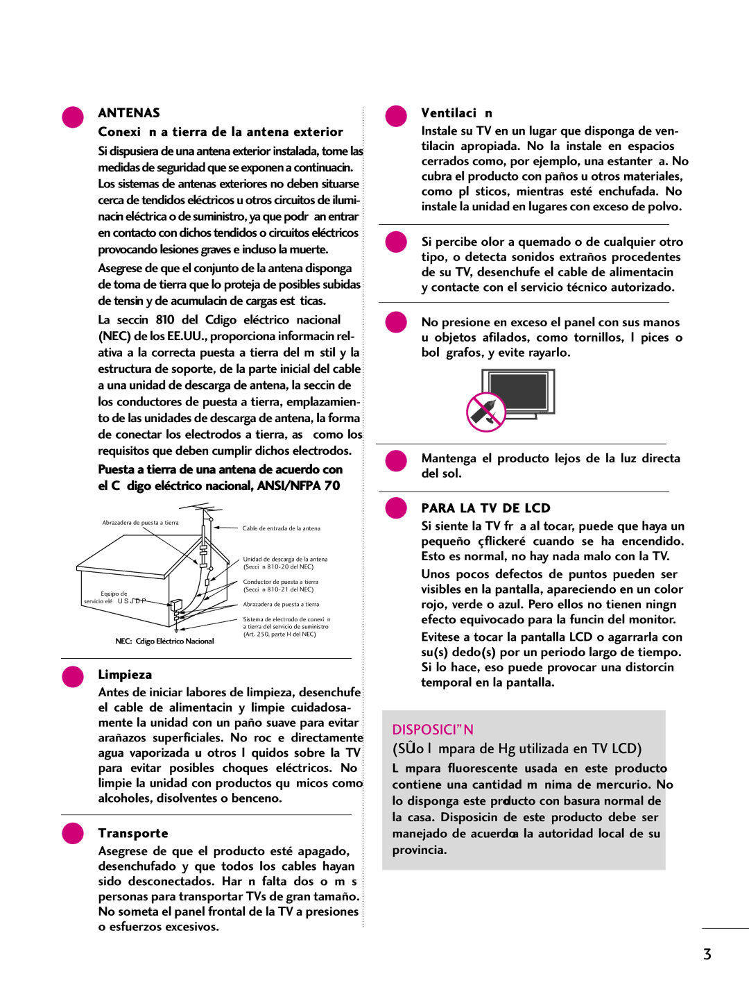 LG Electronics 60PS60C, 42PQ10, 42PQ31, 42PQ30C, 50PQ30C, 50PQ31, 50PQ10, 50PS10, 50PS60C, 60PS10 Antenas, Para LA TV DE LCD 