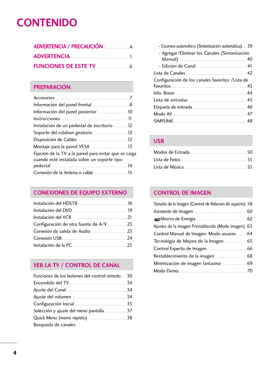 LG Electronics 42PQ10, 42PQ31, 42PQ30C, 50PQ30C, 50PQ31, 50PQ10, 50PS10, 50PS60C, 60PS10, 60PS60C owner manual Contenido 