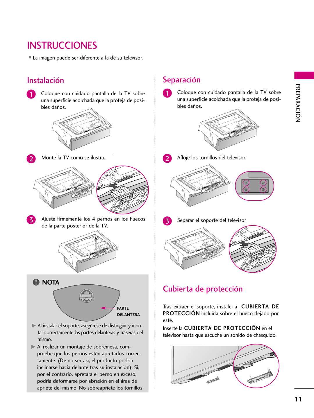 LG Electronics 50PS60C Instrucciones, Instalación, Separación, Cubierta de protección, De la parte posterior de la TV 