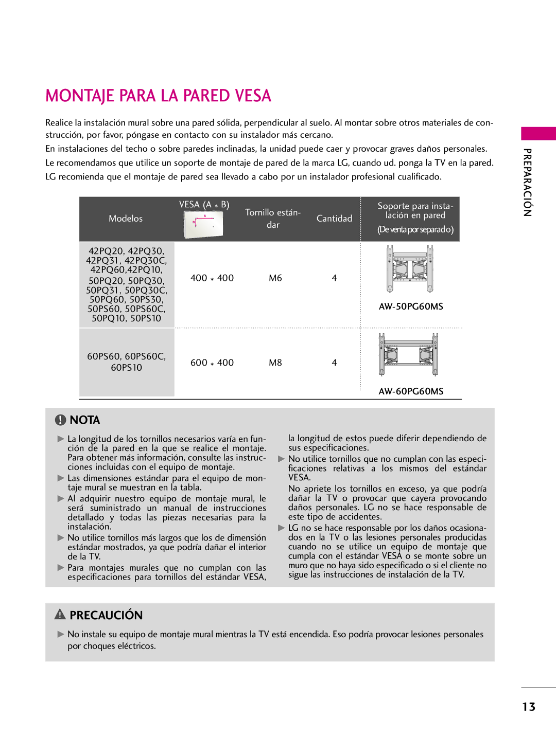 LG Electronics 60PS60C, 42PQ10, 42PQ31 Montaje Para LA Pared Vesa, Modelos, Lación en pared, AW-50PG60MS, AW-60PG60MS 