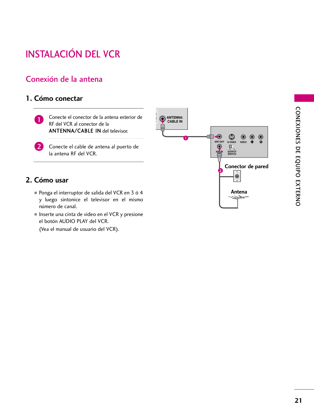 LG Electronics 50PS60C, 42PQ10, 42PQ31, 42PQ30C, 50PQ30C, 50PQ31, 50PQ10, 50PS10 Instalación DEL VCR, Conexión de la antena 