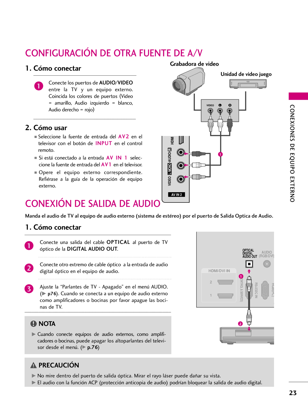 LG Electronics 60PS60C, 42PQ10, 42PQ31, 42PQ30C, 50PQ30C Configuración DE Otra Fuente DE A/V, Conexión DE Salida DE Audio 