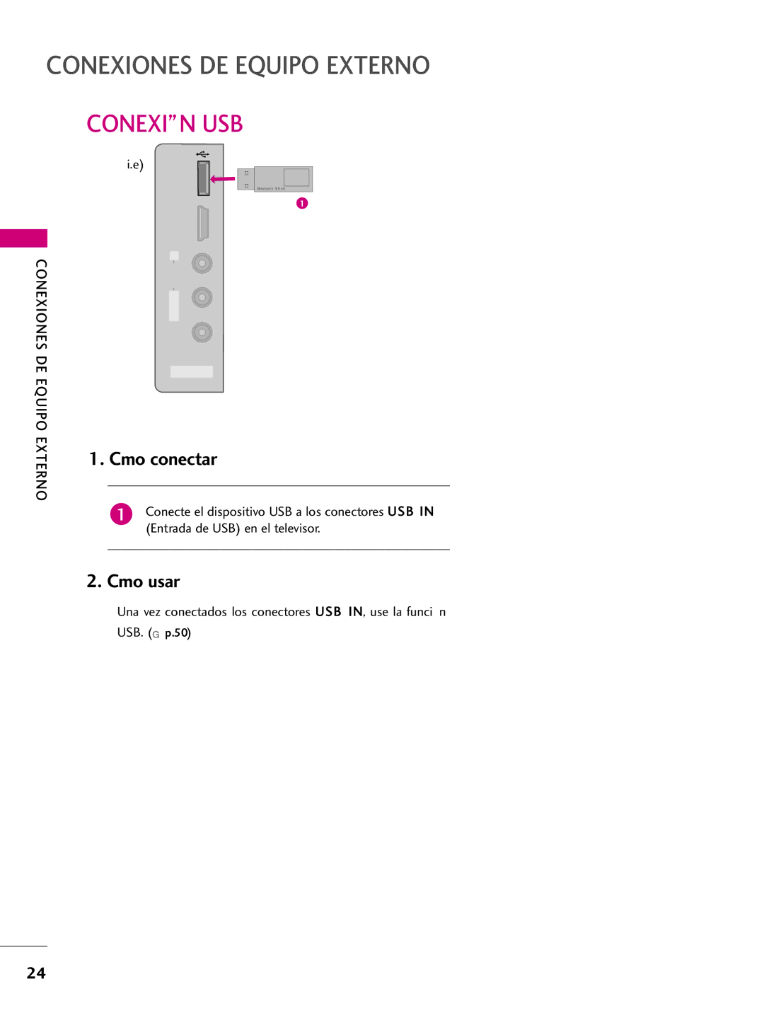 LG Electronics 42PQ10, 42PQ31, 42PQ30C, 50PQ30C, 50PQ31, 50PQ10, 50PS10, 50PS60C Conexiones DE Equipo Externo, Conexión USB 