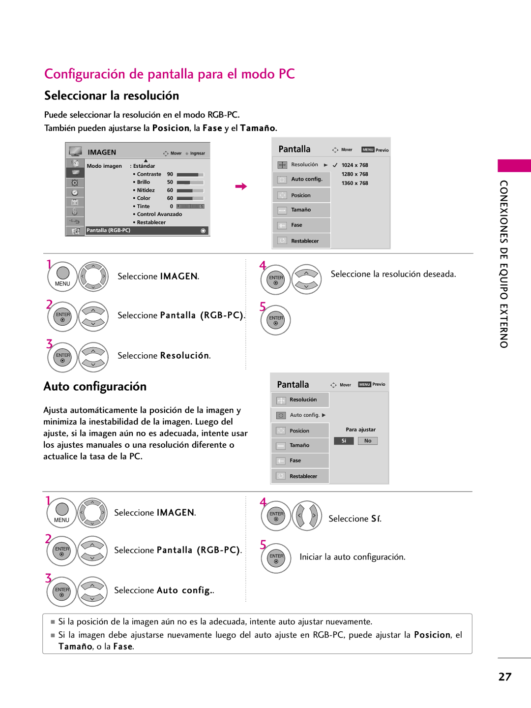 LG Electronics 50PQ30C, 42PQ10 Configuración de pantalla para el modo PC, Seleccionar la resolución, Auto configuración 