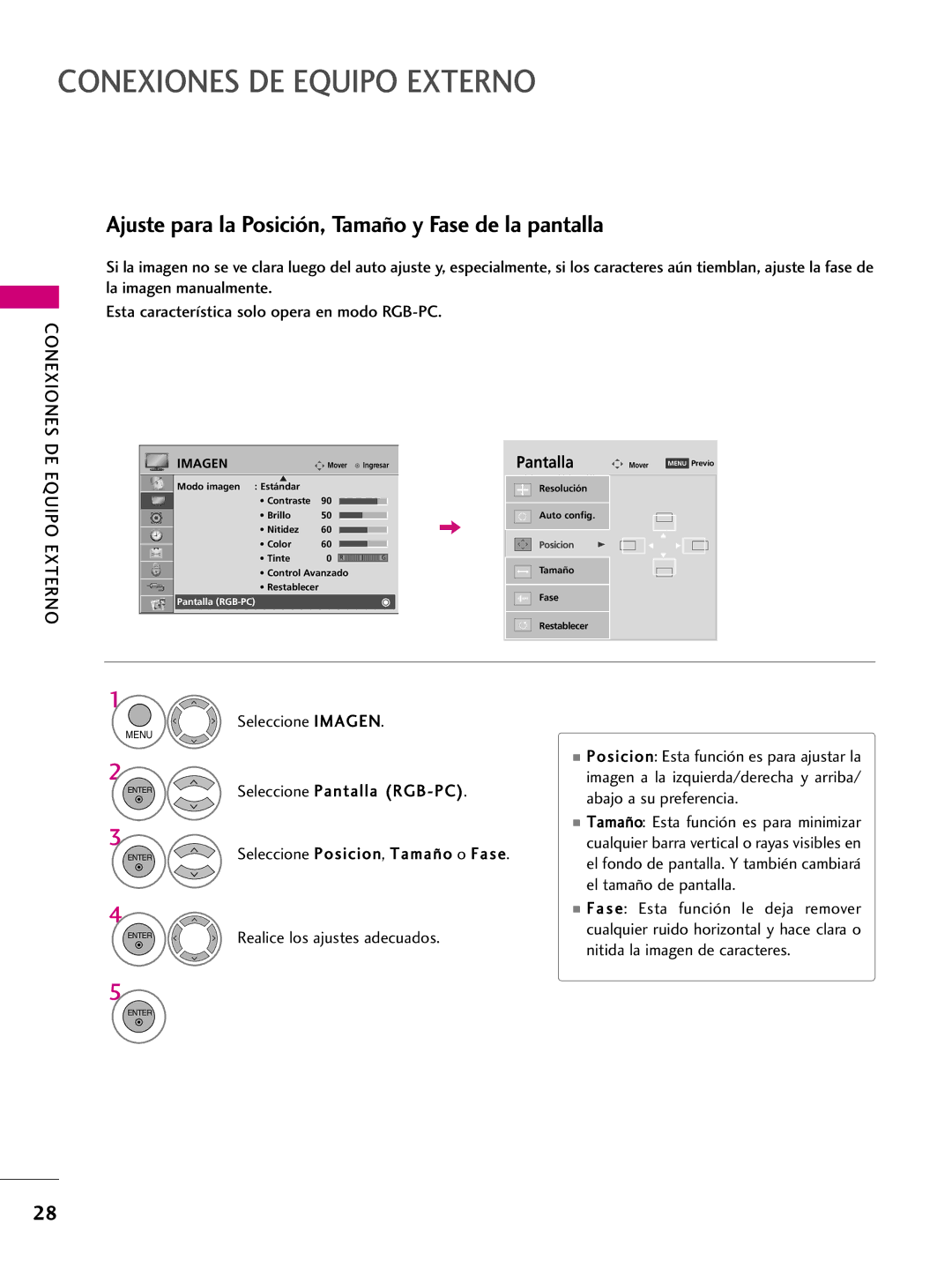 LG Electronics 50PQ31 Ajuste para la Posición, Tamaño y Fase de la pantalla, Enter Seleccione Posicion, Tamaño o Fase 