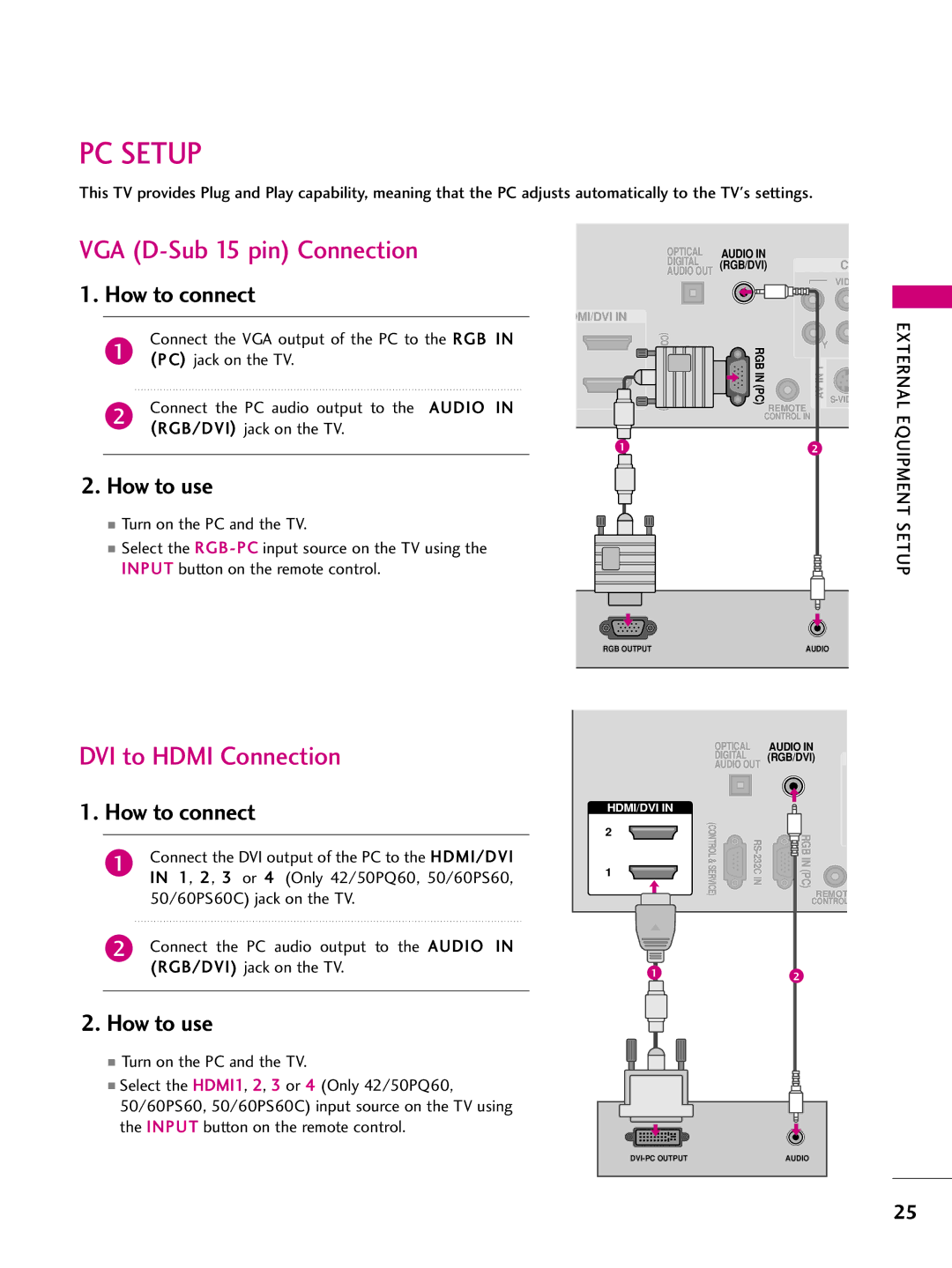 LG Electronics 50PS60C, 42PQ10, 42PQ31, 42PQ30C, 50PQ30C, 50PQ31, 50PQ10, 50PS10, 60PS10, 60PS60C owner manual PC Setup, Audio 