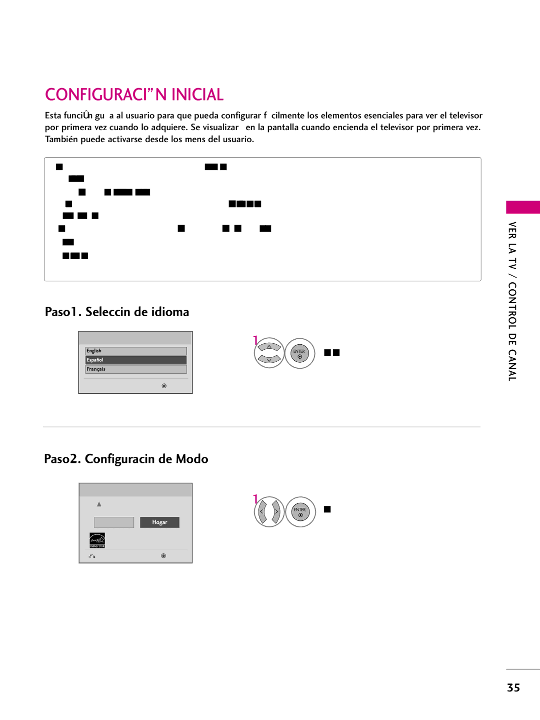 LG Electronics 42PQ31, 42PQ10 Configuración Inicial, Paso1. Selección de idioma, Paso2. Configuración de Modo, Español 