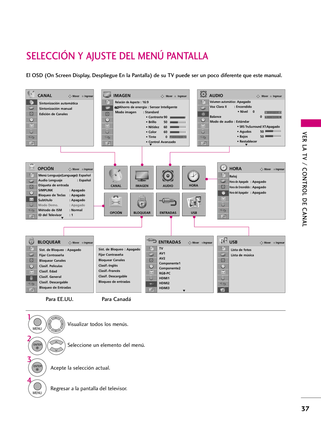 LG Electronics 50PQ30C, 42PQ10, 42PQ31, 50PQ31 Selección Y Ajuste DEL Menú Pantalla, Ver La Tv, Control DE Canal, Para EE.UU 