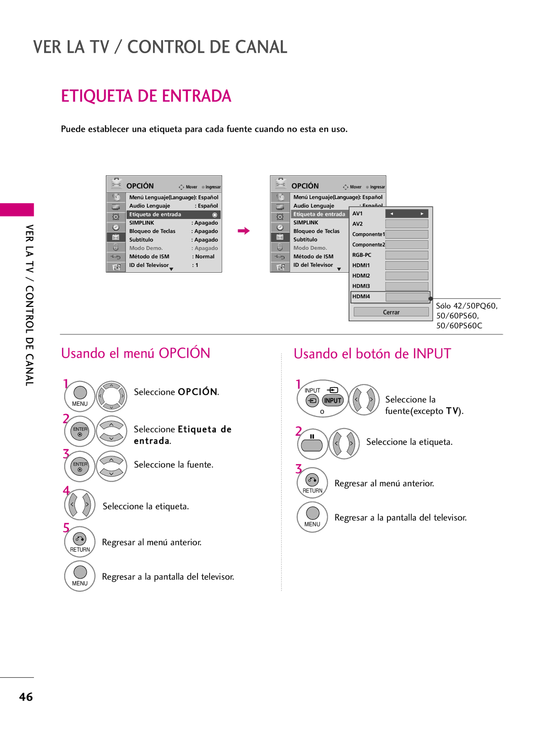 LG Electronics 42PQ30C, 42PQ10, 42PQ31, 50PQ30C, 50PQ31 Etiqueta DE Entrada, Usando el menú Opción, Usando el botón de Input 