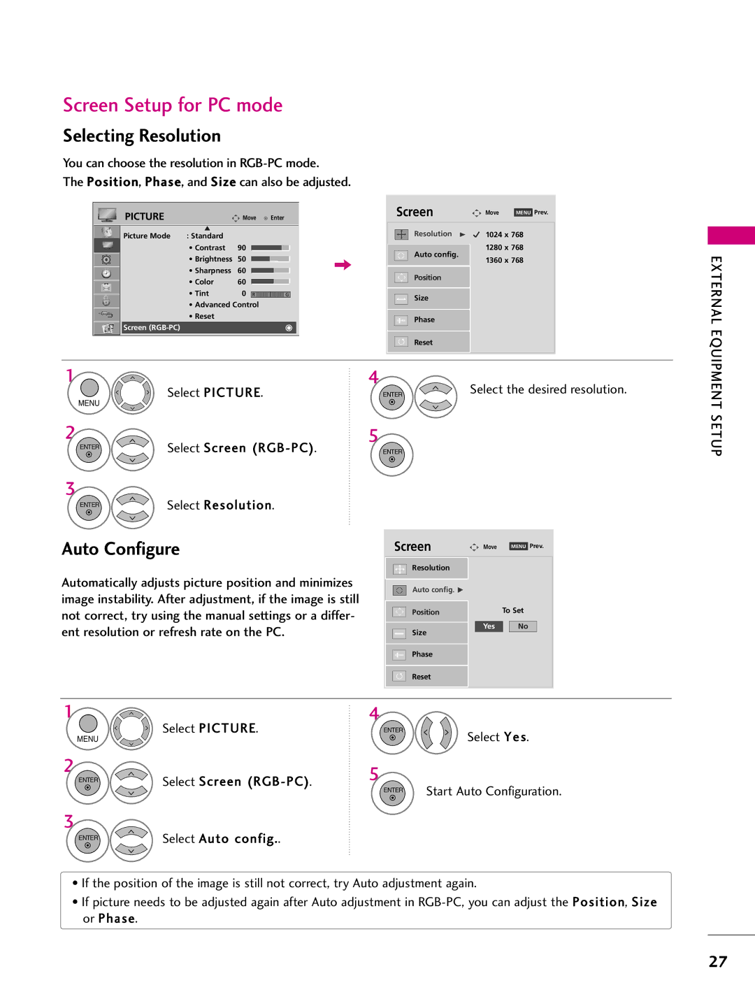 LG Electronics 60PS60C, 42PQ10, 42PQ31 Screen Setup for PC mode, Selecting Resolution, Auto Configure, Select Screen RGB-PC 