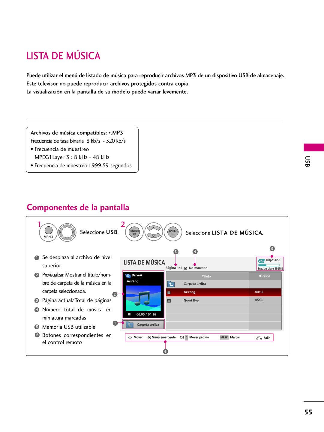 LG Electronics 42PQ31 Lista DE Música, Frecuencia de muestreo 999,59 segundos, Se desplaza al archivo de nivel superior 