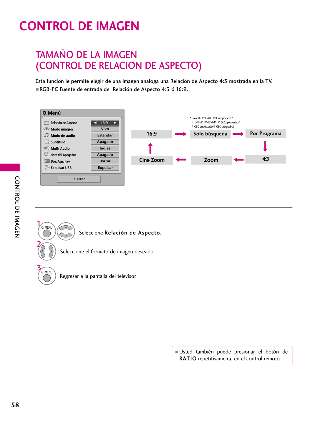 LG Electronics 50PQ31, 42PQ10, 42PQ31, 42PQ30C, 50PQ30C Control DE Imagen, Tamaño DE LA Imagen Control DE Relacion DE Aspecto 