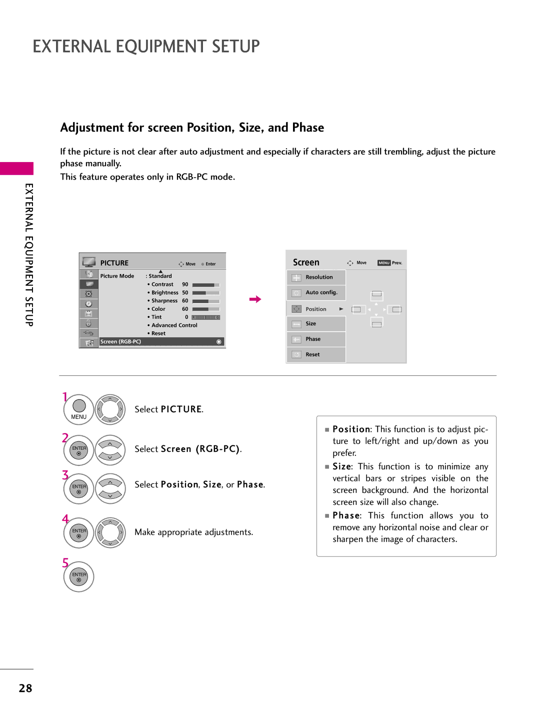 LG Electronics 42PQ10, 42PQ31, 42PQ30C, 50PQ30C External Equipment Setup, Adjustment for screen Position, Size, and Phase 